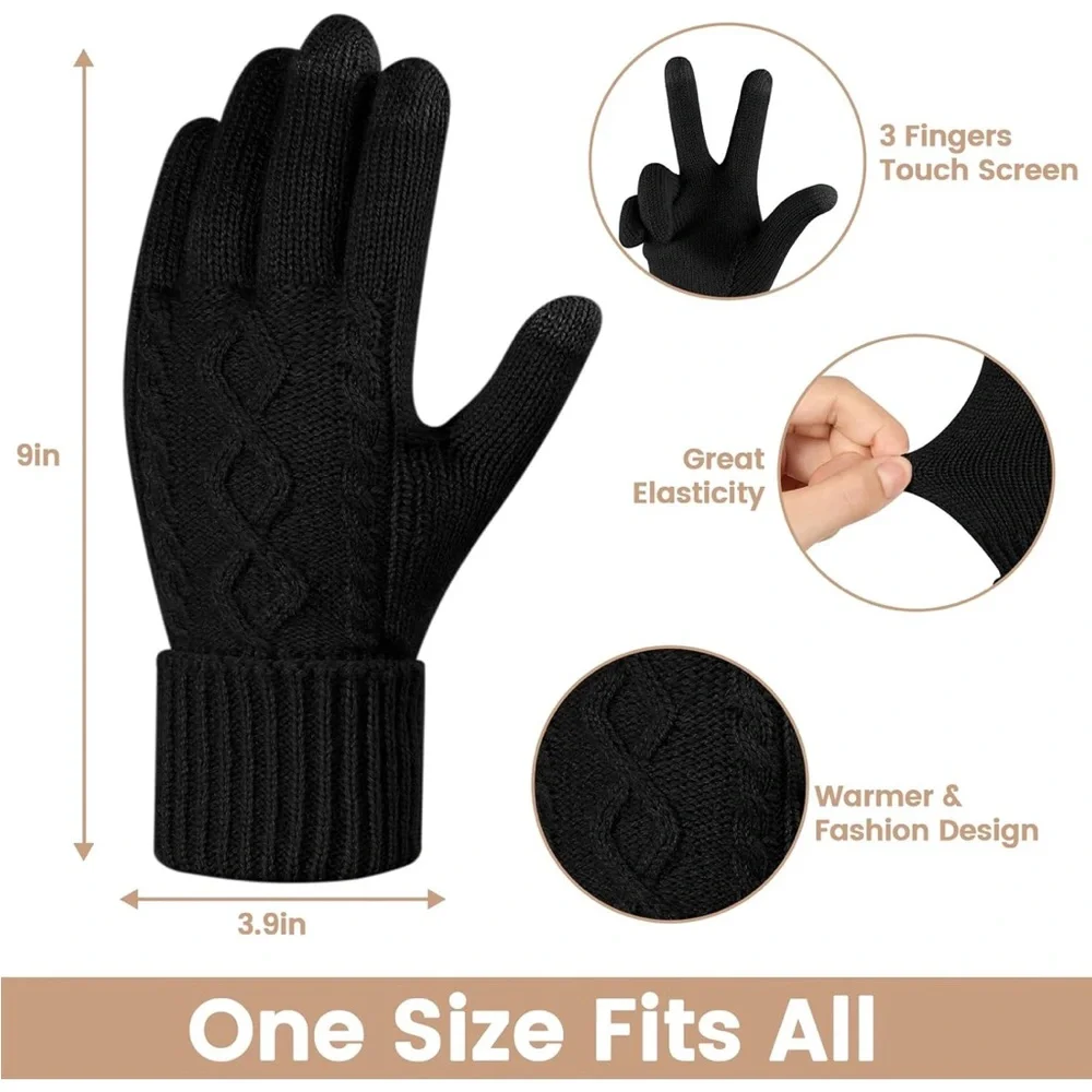 Black fleece lined knit touch screen gloves_2